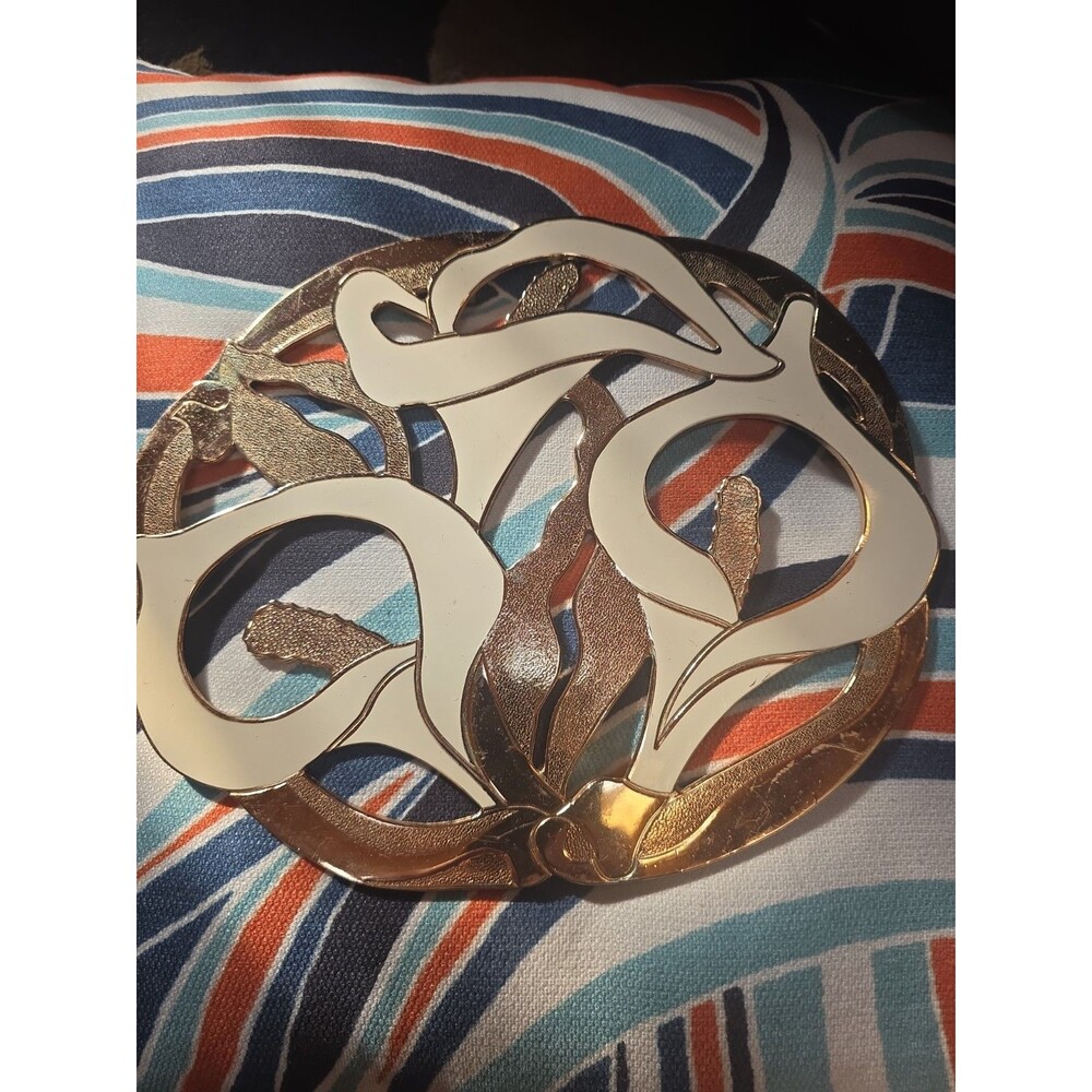 Large Vintage Trivet. Enamel. White Lilies. Rose Gold Tone. Cut Out.